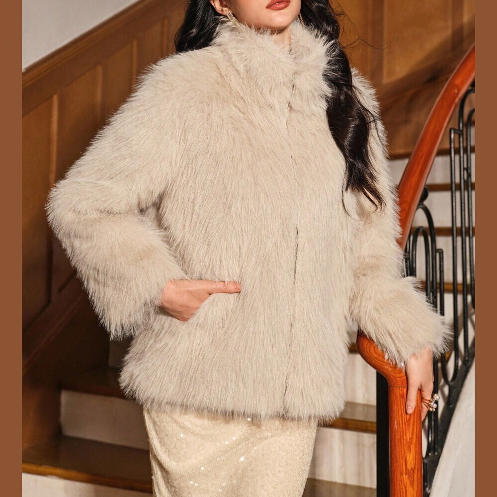 Cream Faux Fur Stand Collar Long Sleeve Short Teddy Coat Jacket